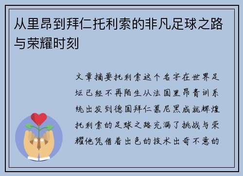 从里昂到拜仁托利索的非凡足球之路与荣耀时刻